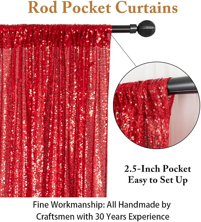 ShinyBeauty Sequin Curtains 2 Panels Red 2FTx8FT Sequin Photo Backdrop Red - Image 3