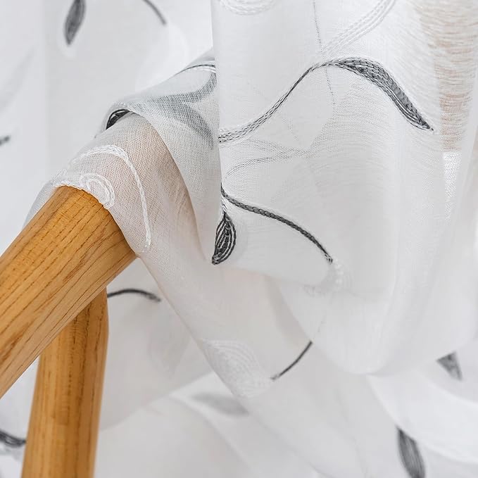 White Sheer Curtains Grey Embroidered Leaves 2 Panels 54Wx84L | Light Filtering - Image 6
