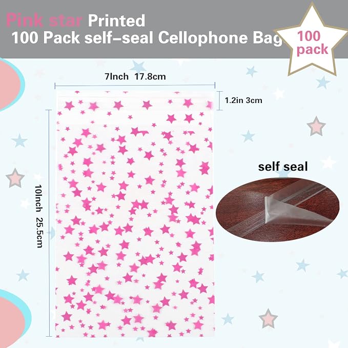 COQOFA 100 Pcs Star Printed Sealable Gift Wrap Cello Cellophane Bags Self - Image 2