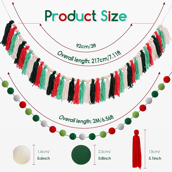 2 Pcs Boho Tassel Christmas Garland, Pom Pom Tassel, 6.5 Feet Long 20 Felt Balls - Image 2
