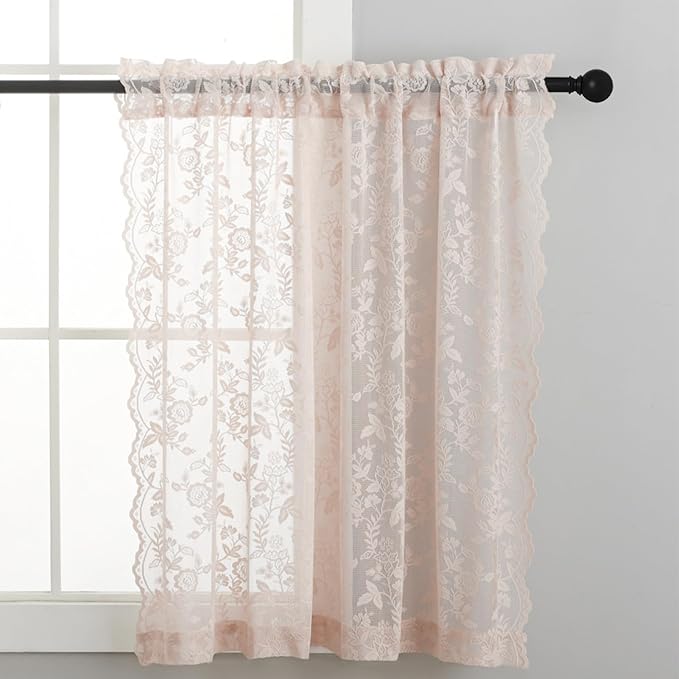 Short Blush Lace Curtains Rustic Leaf Floral W42 x L45 Inch 2 Panels | Rod - Image 4