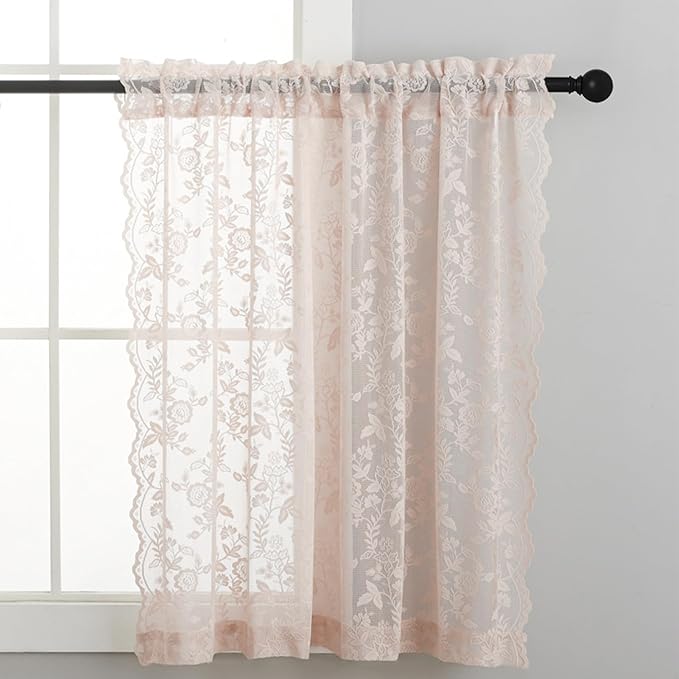 FINECITY Blush Pink Lace Curtains Rustic Leaf Floral W52xL45 Inch 2 Panels | - Image 4