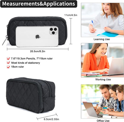 Della Gao Pencil Case Large Capacity Pencil Pouch Soft Quilted Pen Bag Office Stationery Organizer Sturdy Pencil Bag for Men Women - Black
