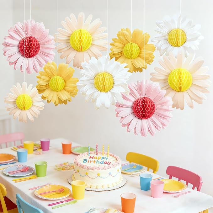 SUNBEAUTY Daisy Flower Hanging Decoration 9Pcs Pink and Yellow Daisy Honeycomb - Image 6