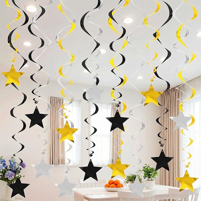 Silver Gold Black Star Hanging Swirl Decorations Ceiling Swirl Foil Decoration - Image 5