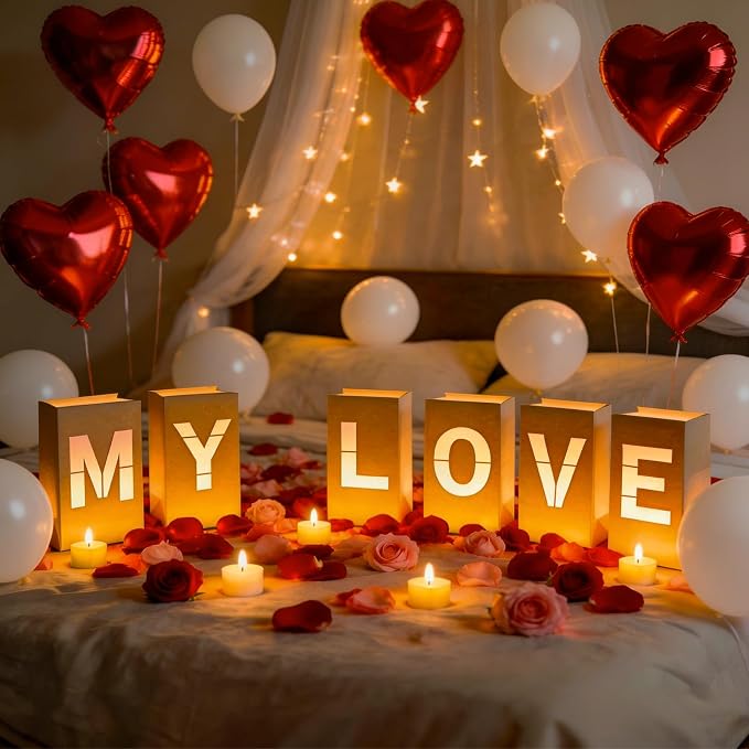 MY LOVE Light Up Letters, with Tea Lights Candles, Rose Petals, Pearlescent by Peledic