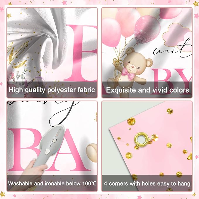 Mocsicka We Can Bearly Wait Backdrop Pink Bear Baby Shower Banner Girls Baby - Image 3
