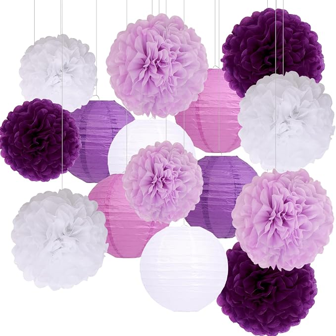 Purple Birthday Party Decorations Paper Lanterns and Pom Poms 15pcs Set | Baby by Unknown