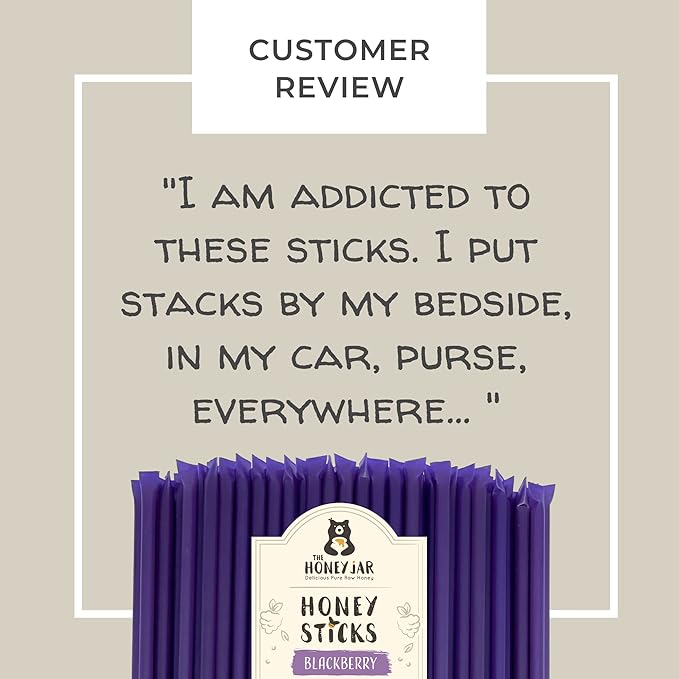 The Honey Jar Blackberry Flavored Honey Sticks - Pure Honey Straws For Tea, Coffee, or a Healthy Treat - One Teaspoon of Flavored Honey Per Stick - Made In The USA with Real Honey - (20 Count)
