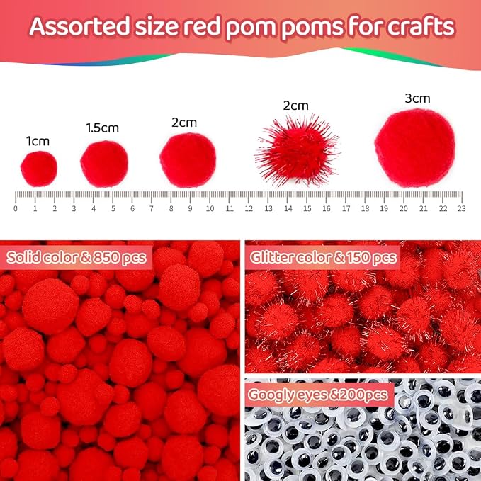 Iooleem Red Pom Poms, Pom Poms for Arts and Crafts, Pom Pom Balls - Image 2