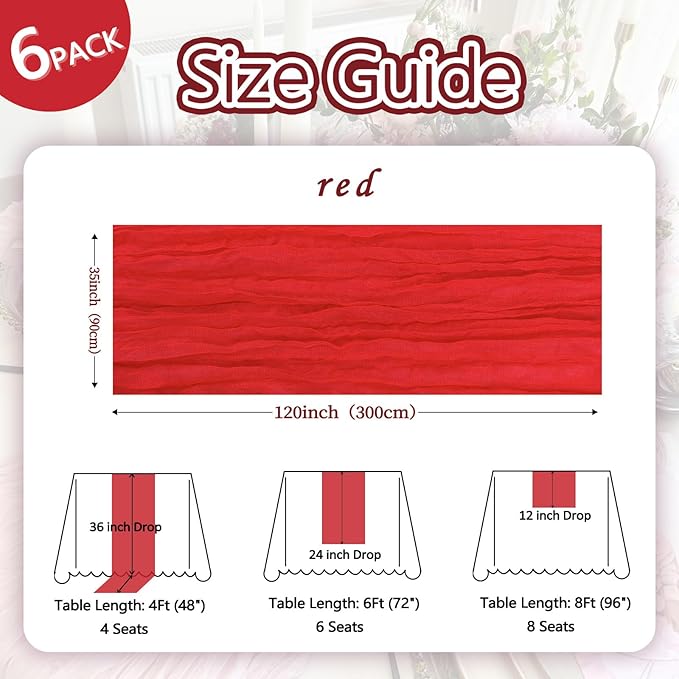 6 Pack Red Cheesecloth Fall Table Runner 10ft Boho Gauze Fabric Cheese Cloth Thanksgiving Christmas Table Runner 35 x 120 Inch Rustic Sheer for Wedding Decor Bridal Shower Party Centerpiece Decoration