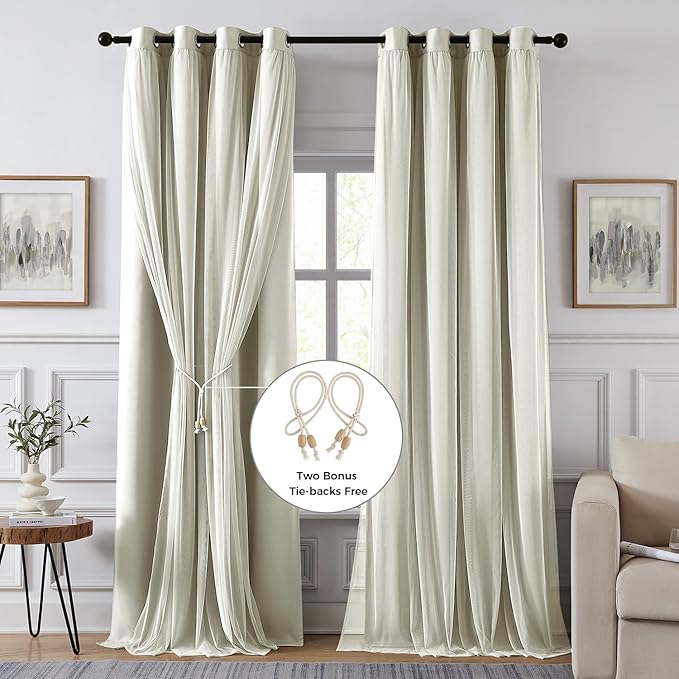 100% Blackout Curtains for Bedroom, Double Layer Ivory Curtains, Room Darkening - Image 2