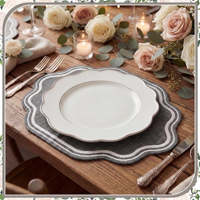 6 Pcs Gray Wedding Placemats Scalloped Embroidered Cotton Linen Placemats 17" x - Image 5