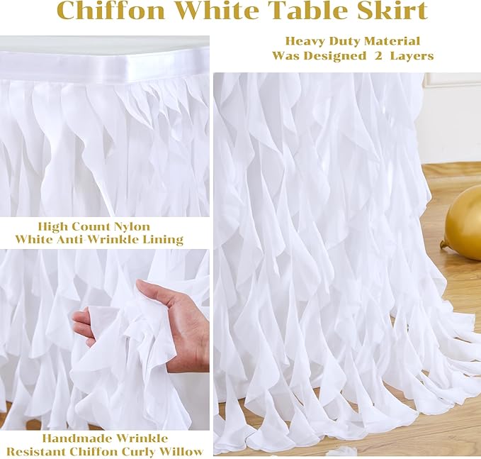 Partisky White Tulle Curly Willow Table Skirt for Rectangle Table 14ft, Ruffle Tutu Table Cloth for Wedding,Bridal Shower, Baby Shower,Birthday Party