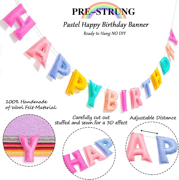 Pre-Strung Pastel Felt Happy Birthday Banner, Macaron Birthday Decorations | - Image 2