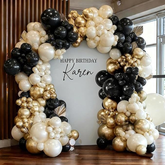 Black White Gold Balloon Garland Double Stuffed, Pearl Sand Champagne Gold by Pinbra