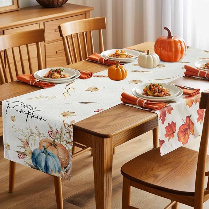 Fall Thanksgiving Cotton Linen Table Runner for Dining Kitchen, Orange Pumpkins Outdoor Party Autumn Tablerunners Decoration, Rustic Wheat Leaves Dresser Scarf Coffee Tablecloth Runners 13x48 Inches