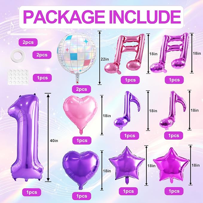 TONIFUL Girl‘s Purple Pink Music Themed 1st Birthday Decorations | 40 Inch - Image 2