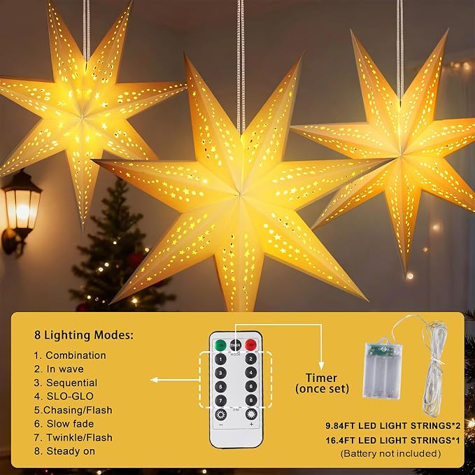 Large Paper Star Lanterns with Lights, 3D 7 Pointed Christmas Paper Lanterns - Image 3