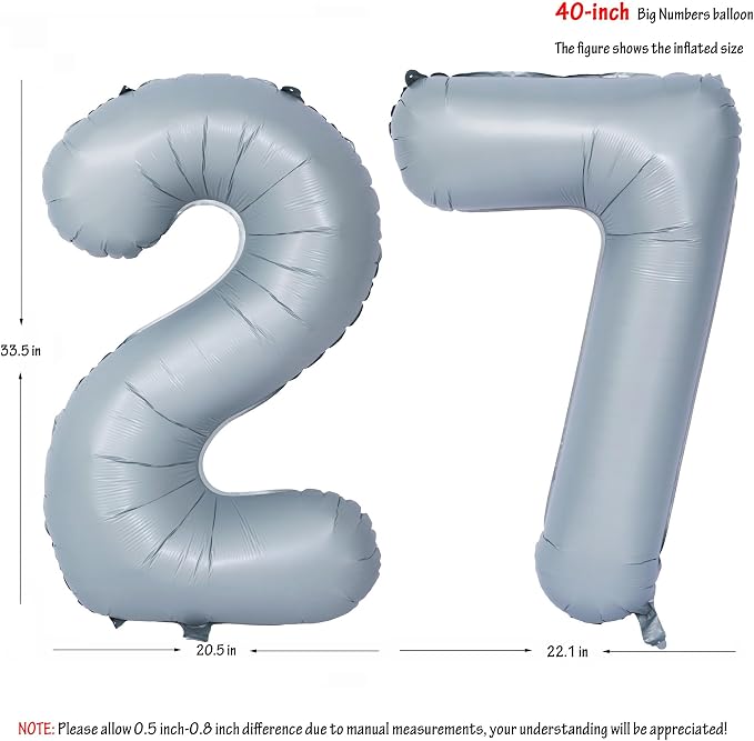 40 In Matte gray Number Balloon Helium Foil Mylar Birthday Balloon Digit 27 | - Image 2