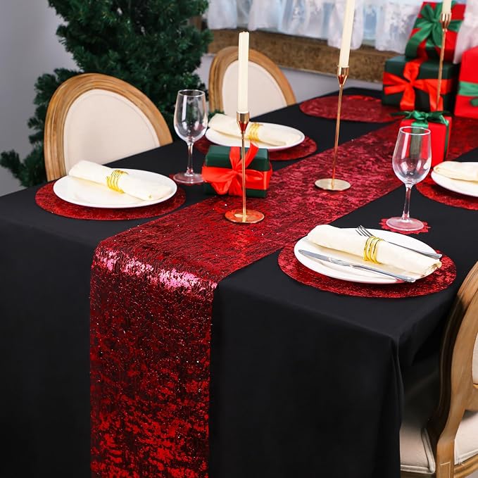 Snowkingdom 2Pcs Red Table Runner Roll Sequin Glitter Metallic Foil Sparkly - Image 2