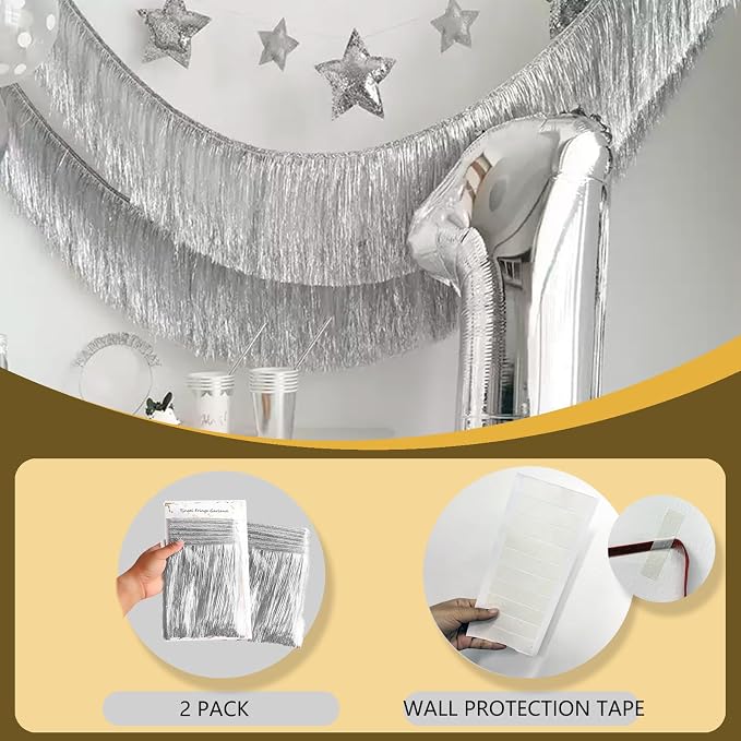 2 Pack Eanjia Silver Tinsel Fringe Party Banner 13FT | Metallic Shiny Curtain - Image 2
