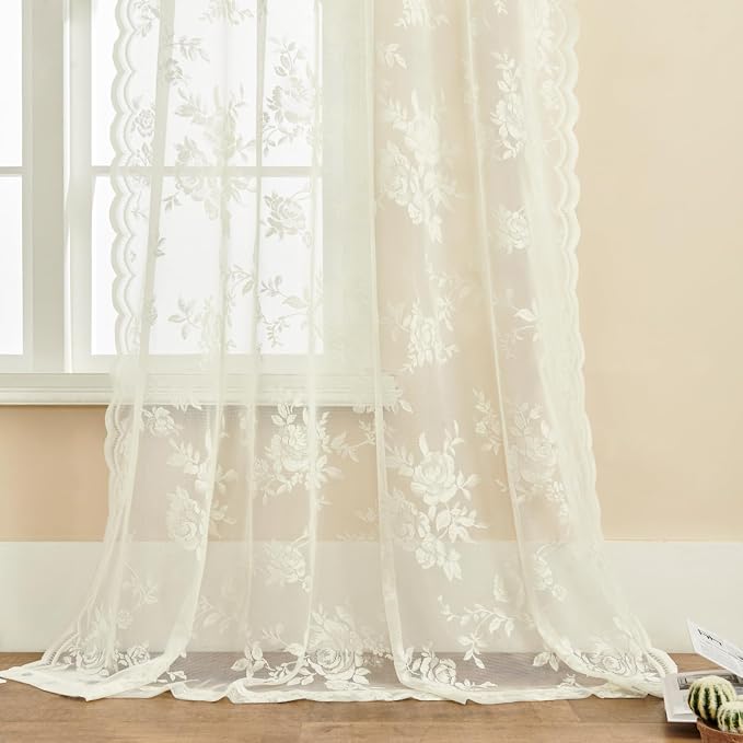 Cream Lace Curtains 108 Inches Long 2 Panels Victorian Floral Sheer Curtains - Image 5