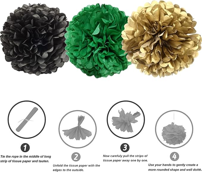 We Moment Black Dark Green and Gold Paper Pom Poms Decorations - Image 3
