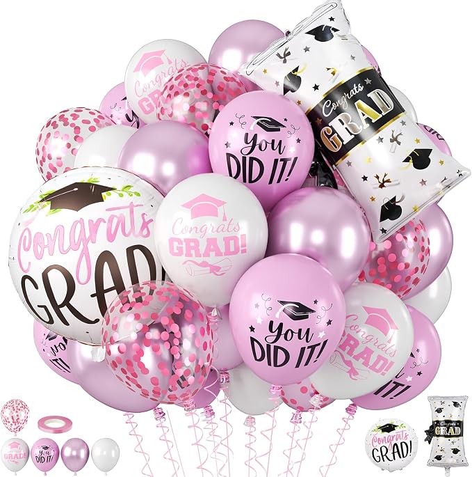 Pink Graduation Balloons, Grad Round Foil Balloons, Metallic Confetti Pink by BIAPIAN