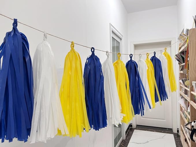 15pcs Royal Blue Yellow and White Paper Tassel Garland Banner, Tissue Paper - Image 2