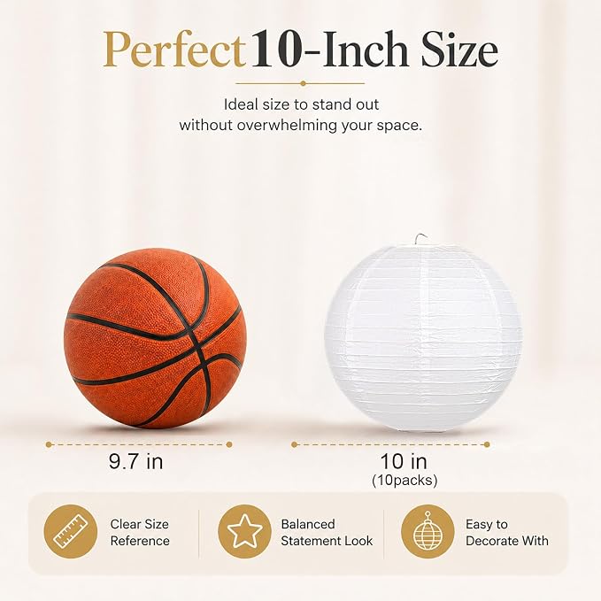 LIHAO 10 Inch White Round Paper Lanterns, Hanging Decor, Easy Assembly - Image 2