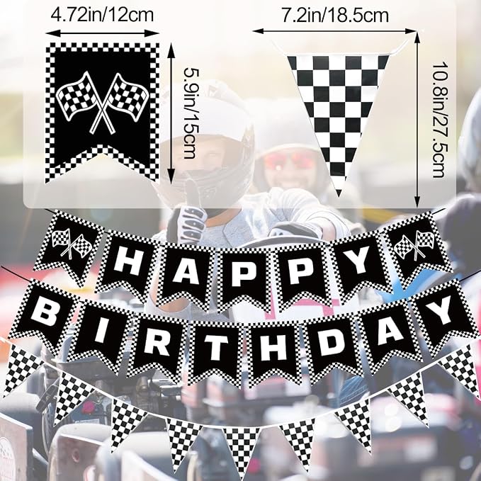 MEETINGU Black and White Checkered Flags and Race Car Happy Birthday Banner - Image 2