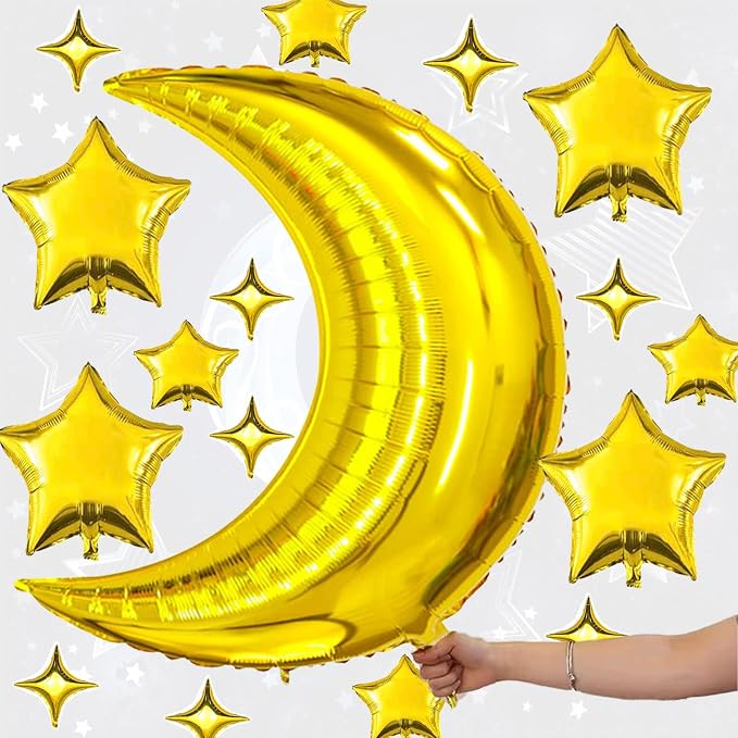 Moon and Star Balloons Gold, Star Foil Balloons Four Pointed Star Balloon | - Image 4
