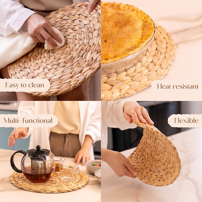6 Pack, Round Woven Placemats, Natural Water Hyacinth Wicker Place mats - Image 5
