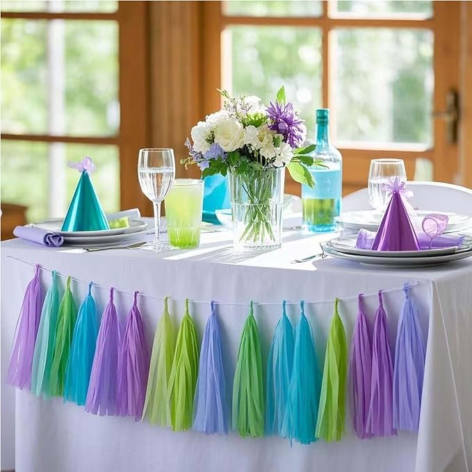 Purple Green and Blue Tissue Paper Tassels 30pcs Streamers Party - Image 5