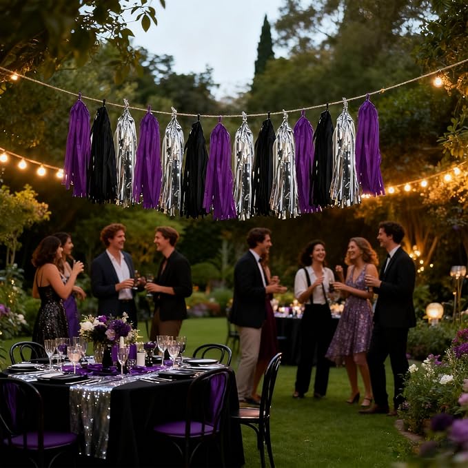Purple Black and Silver Tassel Garland Banner, 20 Pack Paper Tassels Streamers - Image 2