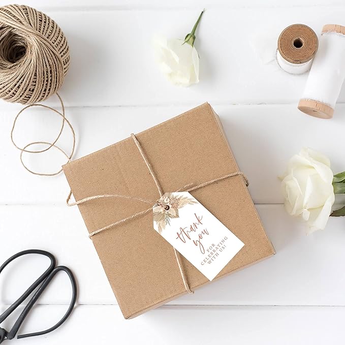 Andaz Press 100-Pack Thank You for Celebrating with Us Favor Tags Boho Dried Palm Leaves Cardstock Gift Tags with Bakers Twine for Wedding Baby Shower Bridal Shower Party Favors 2 x 3.75-Inches