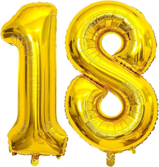 Gold 18 Number Balloons, 40 Inch Giant Number 18 Balloons Foil Mylar Helium by Lovoir