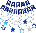 ZHENGYE Blue Happy Birthday Banner Hanging Swirls Star Birthday Party by ZHENGYE
