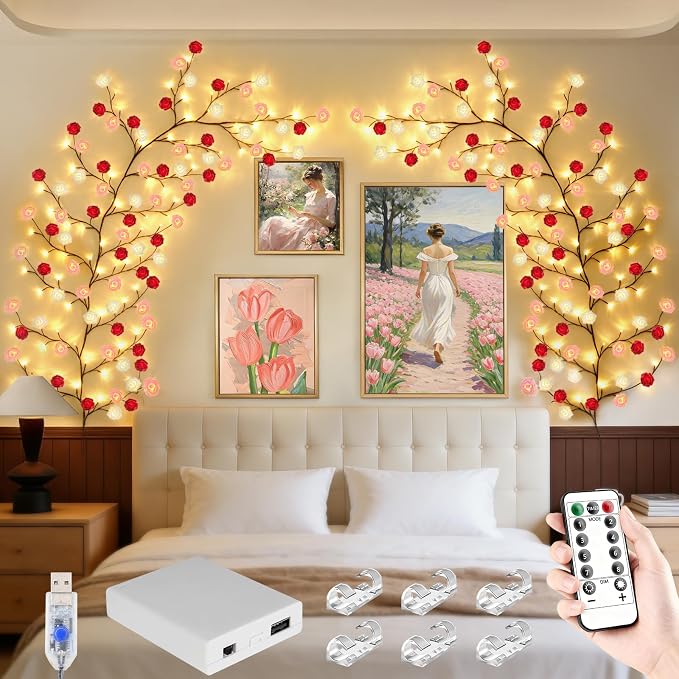 7.55FT 144LED Rose Blossom Enchanted Willow Vine Lights by FNHMSL