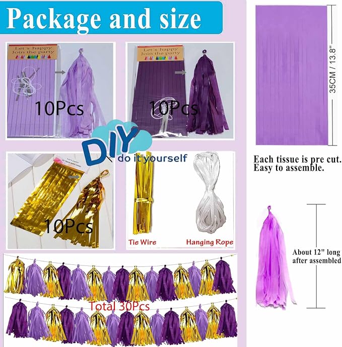 Purple Gold Tissue Paper Tassel Garland - Image 2