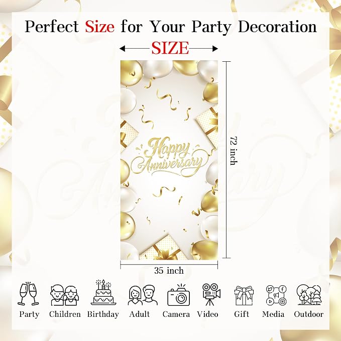 Happy Anniversary Backdrop Banner White Gold Elegant Door Cover Photography - Image 6