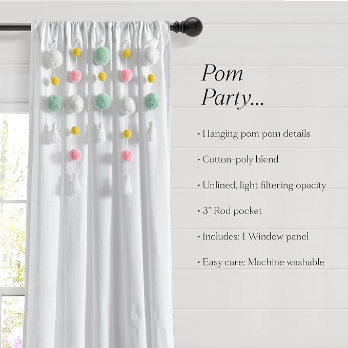 Lush Decor Boho Pom Pom Tassel Linen Textured Window Curtain Panel, Single 52" - Image 8