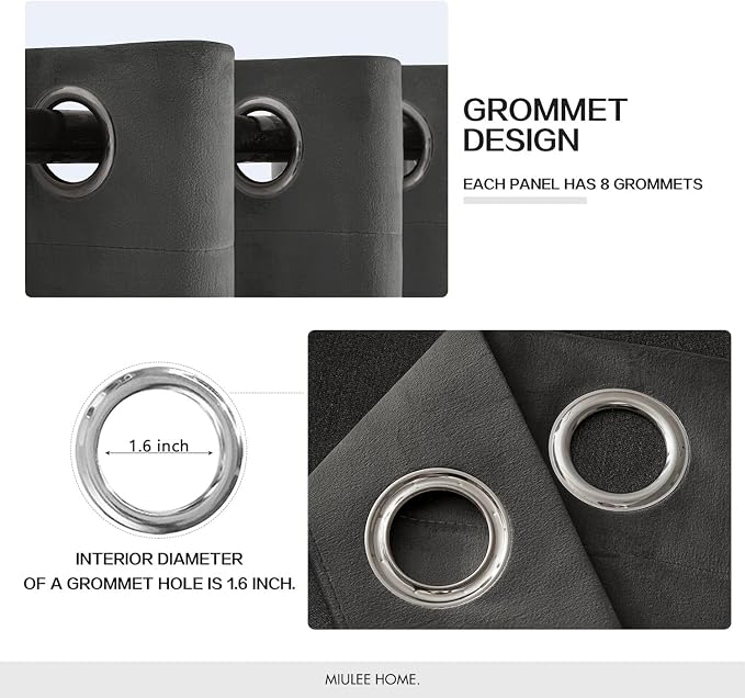 MIULEE Velvet Curtains Charcoal Grey 52 x 96 Inch Length Set of 2 | Grommet - Image 3