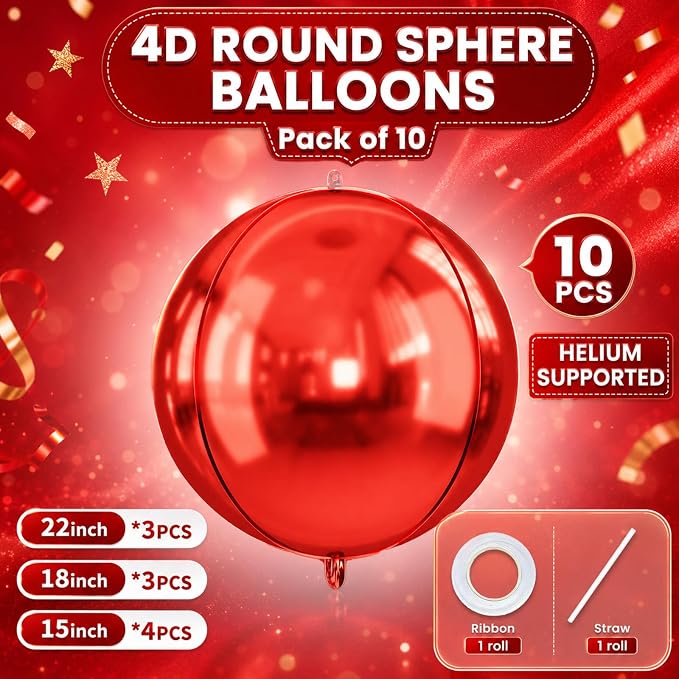 10Pcs Red Round Foil Balloons, Metallic Red Foil Baloon - Image 2
