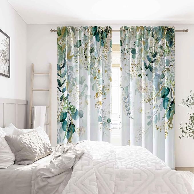 Gold Green Curtains for Living Room Blue Green Eucalyptus Leaves Light - Image 5
