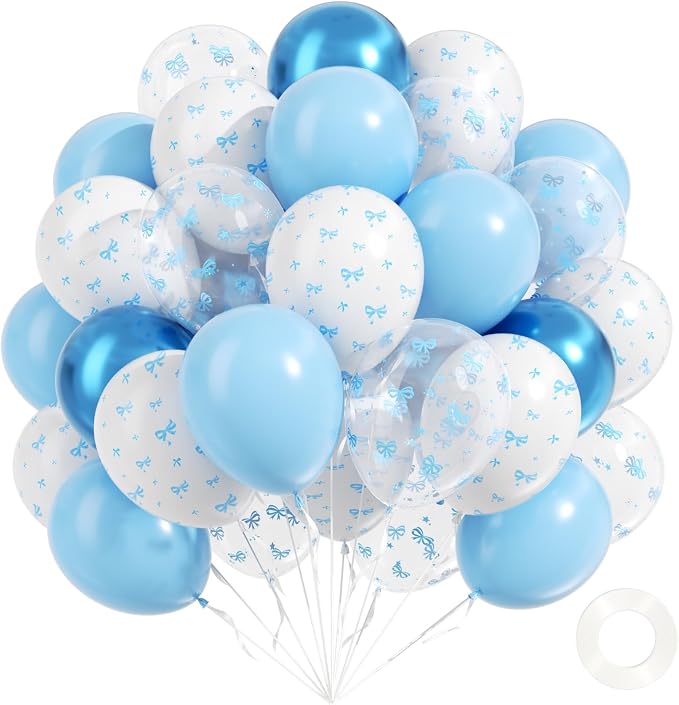 60pcs Blue Bow Balloons 12inch, Metallic Blue White Clear Bow Balloons by Unknown