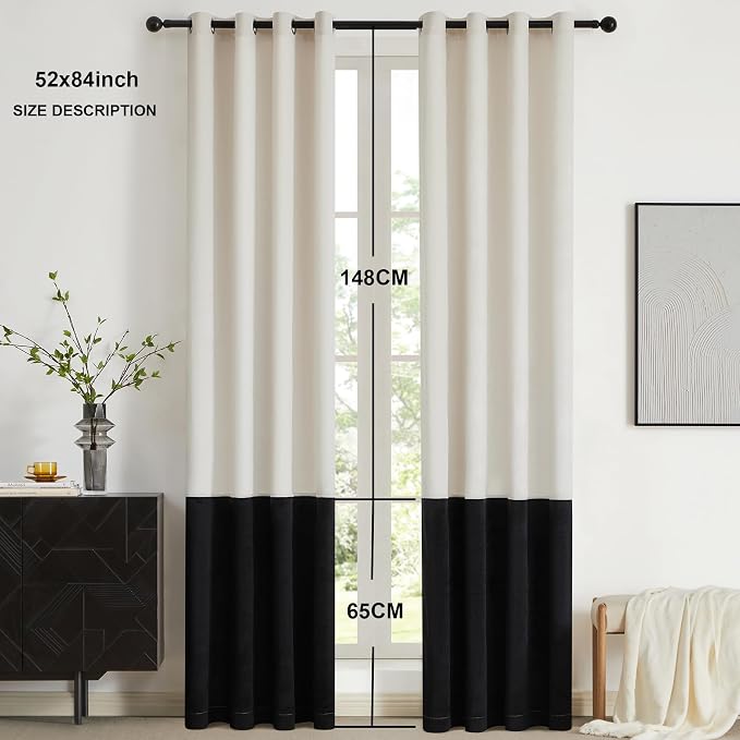 Modern Cream White Black Decorative Velvet Curtains 84 inches 2 Panels | Color - Image 6