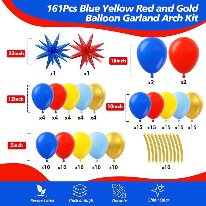 161Pcs Blue Yellow Red and Gold Balloon Garland Arch Kit - Image 2