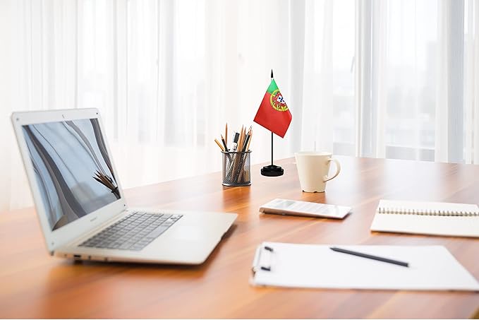 Portugal Portuguese Deluxe Desk Flag Set Small Mini Miniature Portugal Portuguese Table Desktop Flags With Solid Pole, Black Base and Spear Top(2 Pack)